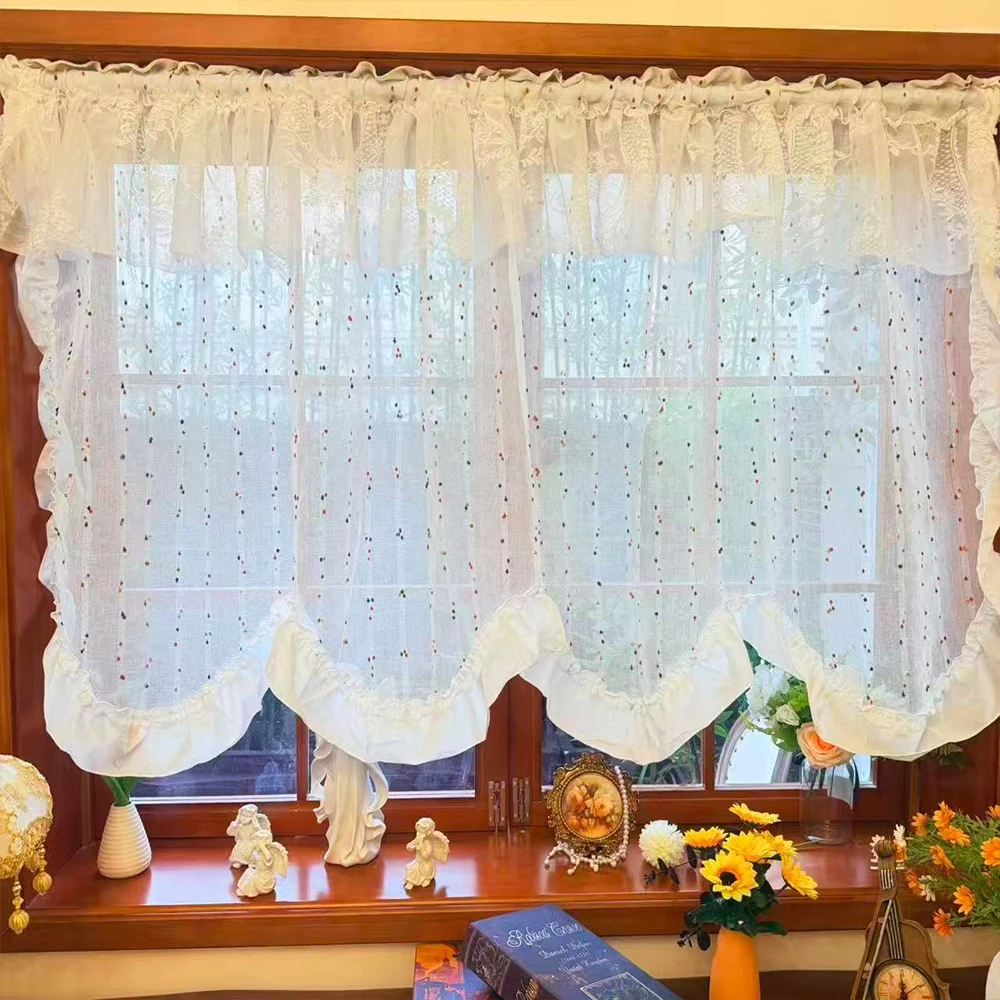 Decorative Voile Curtain with Wave Hem & Bead Embroidery, No Install Tension Rod, INS Trend Room Divider for Bedroom Living Room