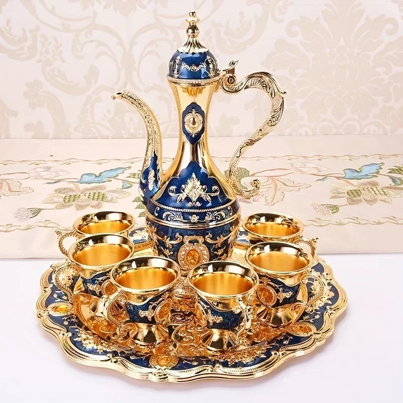 European Style Tea Set 6 Luxury Coffee Cup Vintage Metal Turkish Coffee Pot Set Craft Tea Tray and Teapot for Serving Tea Gift view 2