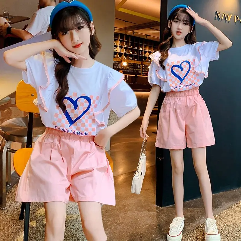 

Summer Suit for Girls New Baby Short Sleeve T-shirt + Loose Shorts Two-piece Set Children Cute Clothing 4 6 8 9 10 12 Years Old