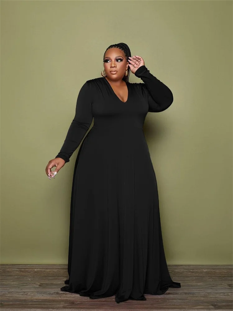 Wmstar Plus Size Party Dresses Women Clothing 2023 V Neck Long Sleeve Solid Loose Elegant Maxi Dresses Wholesale Drop Shipping