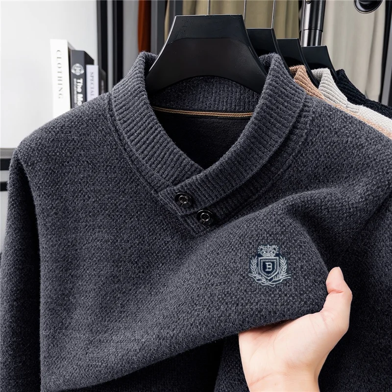 

Лидер продаж, мужской вязаный свитер оригинального качества, плюшевый толстый шарф, воротник, значок, пуловер с принтом, зимняя теплая внутренняя мужская одежда