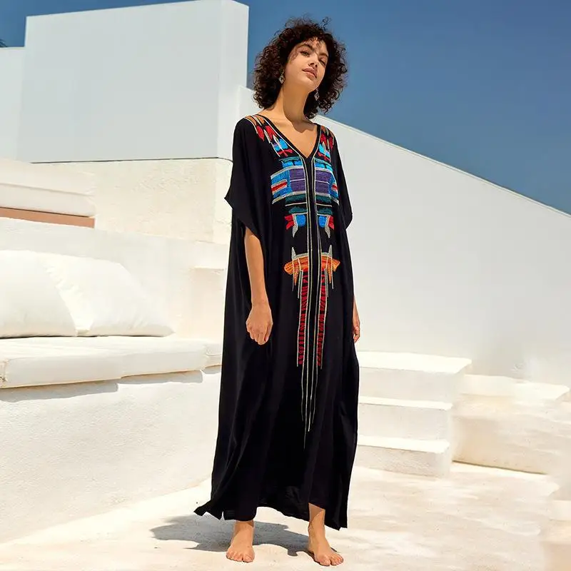 Women Black V Neck Bikini Cover Up Kaftan Robe Holiday Vocation Loose Beach Dress Bathing Suit Cover Up Beach Wear