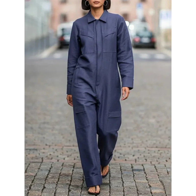 

Women's Vintage Denim Blue Long Jumpsuits 2026 Stylish Lapel Long Sleeve Zipper Front Wide-leg Casual Leisure Fashion Jumpsuit