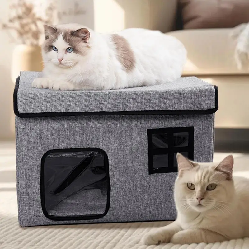 

Multifunctional Cube Cat House Kitten Cooling House Large Winter Warm Imitation Linen Cat Safe Shelter For Cats Dogs Pets Kitten