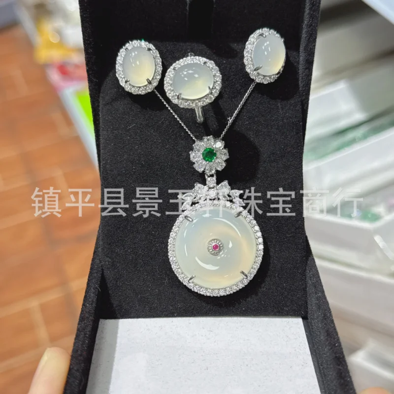 Full Inlaid White Agate Chalcedony Drop Jade Pendant Bracelet Two-Piece Set