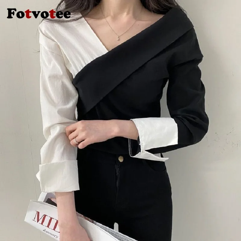 FOTVOTEE Blouses for Women Patchwork Asymmetrical Chic Casual Shirts 2024 New Vintage Fashion Long Sleeve Elegant Female Blouses