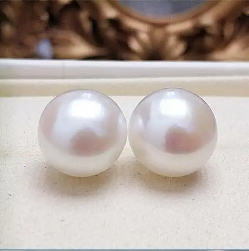 HUGE AAAA 13-14MM WHITE SOUTH SEA GENUINE PEARL EARRING 14K WHITE SOLID GOLD