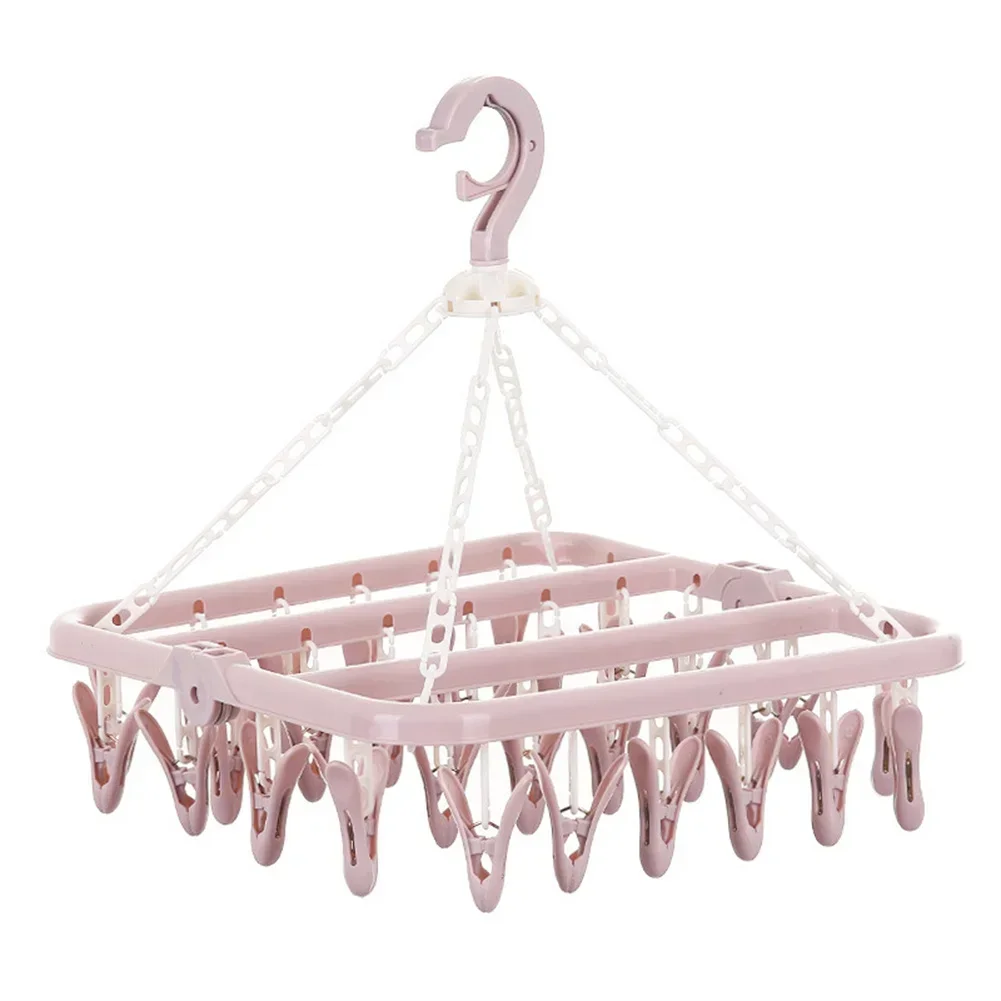 Household Folding Clip Hanger With 32 Drying Clips Multifunctional Drying Rack Clothes Dryer Windproof Socks Underwear Rotating