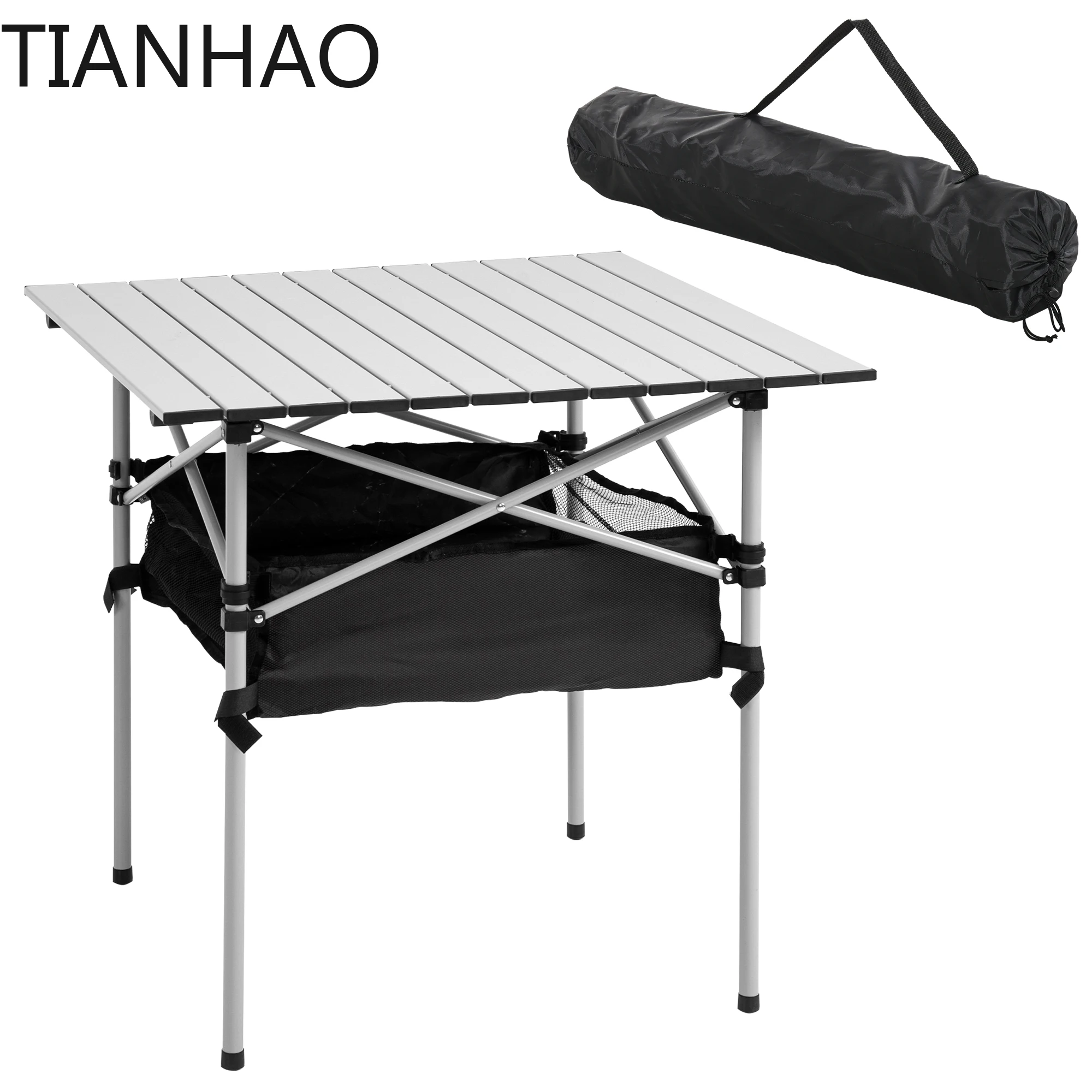 Outsunny 70cm Aluminum Roll-Top Table w/Mesh Bag Camping Outdoor Dining Foldable w/Steel Frame, Silver