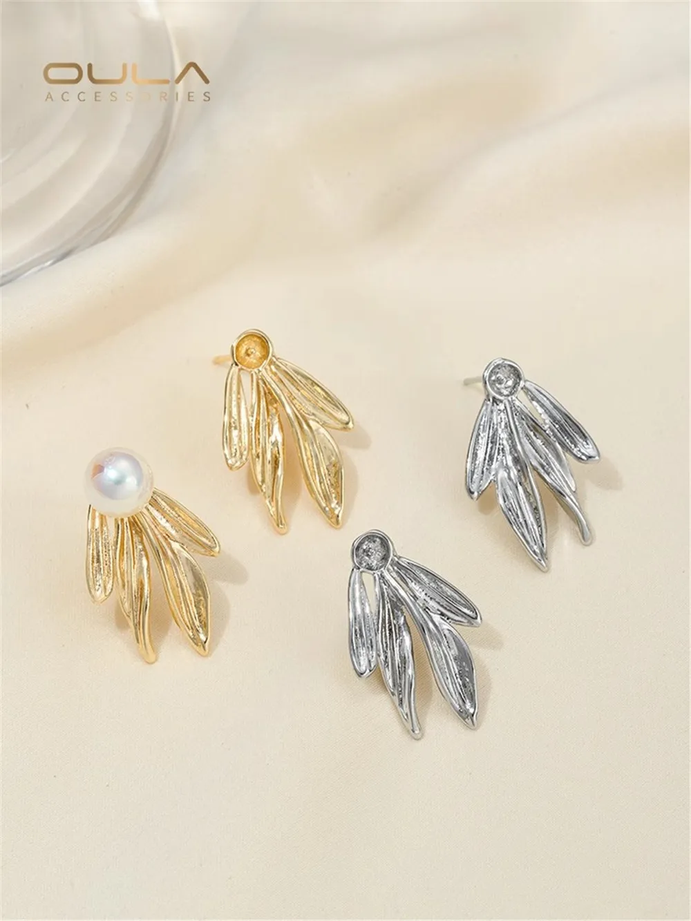 

14K Gold-Filled Plated Bamboo Leaf Shape Half Hole Bead Support Leaf Earrings Diy Hand Sticky Pearl Earrings Accessories