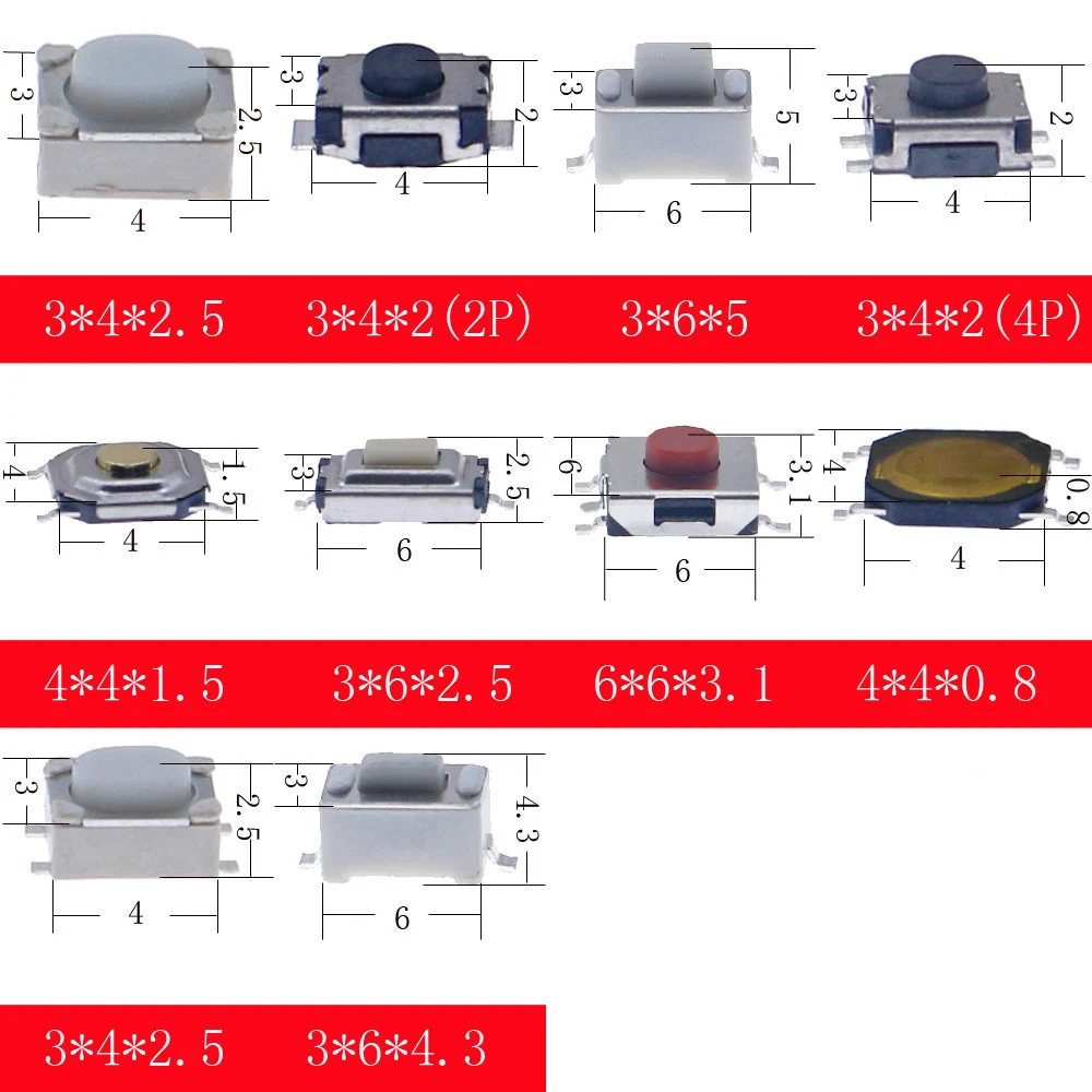 Teclas de Control remoto para coche, microinterruptor táctil, 10 valores, kit variado de reinicio táctil, 250 Uds.