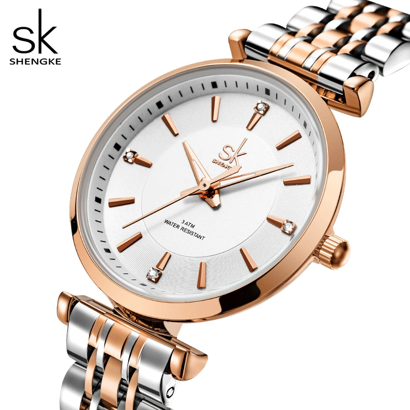 Relogio Feminino Shengke sk Fashion Women Watches Rose Golden Stainless Steel Woman\'s Quartz Wristwatches Ladies Colorful Clock