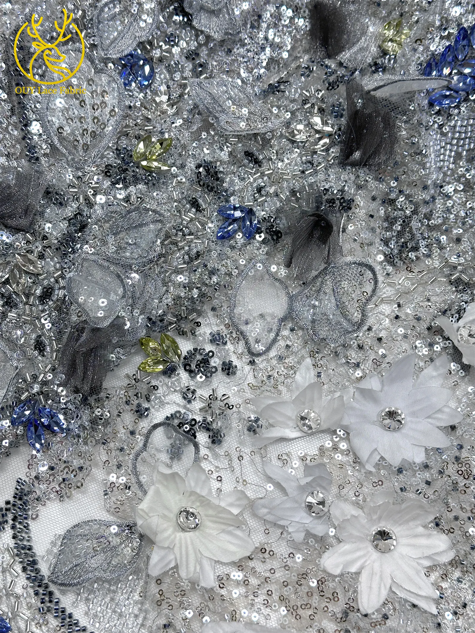 Hochwertiger luxuriöser französischer Edelstein-Perlenstickerei-3D-Blumen-Afrikanischer-Pailletten-Spitzenstoff für DIY handgefertigtes Hochzeitskleid. – Detail 23