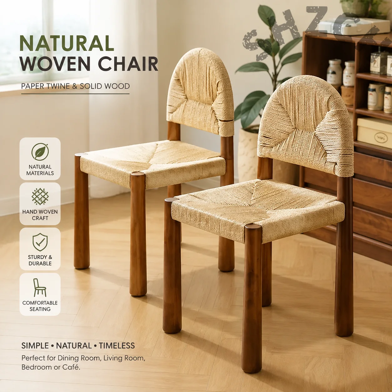 Vintage Woven Rattan Dining Chair – Minimalist Cream Single-Seat with Solid Backrest