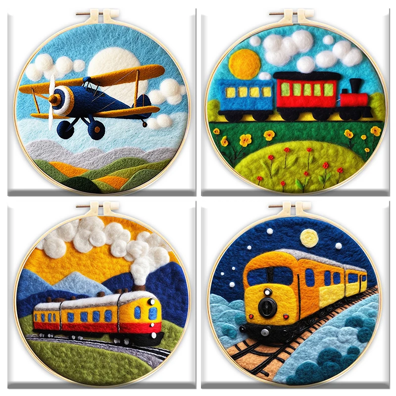 CHENISTORY 20X20CM Frame Wool Felting Painting Kit Train and