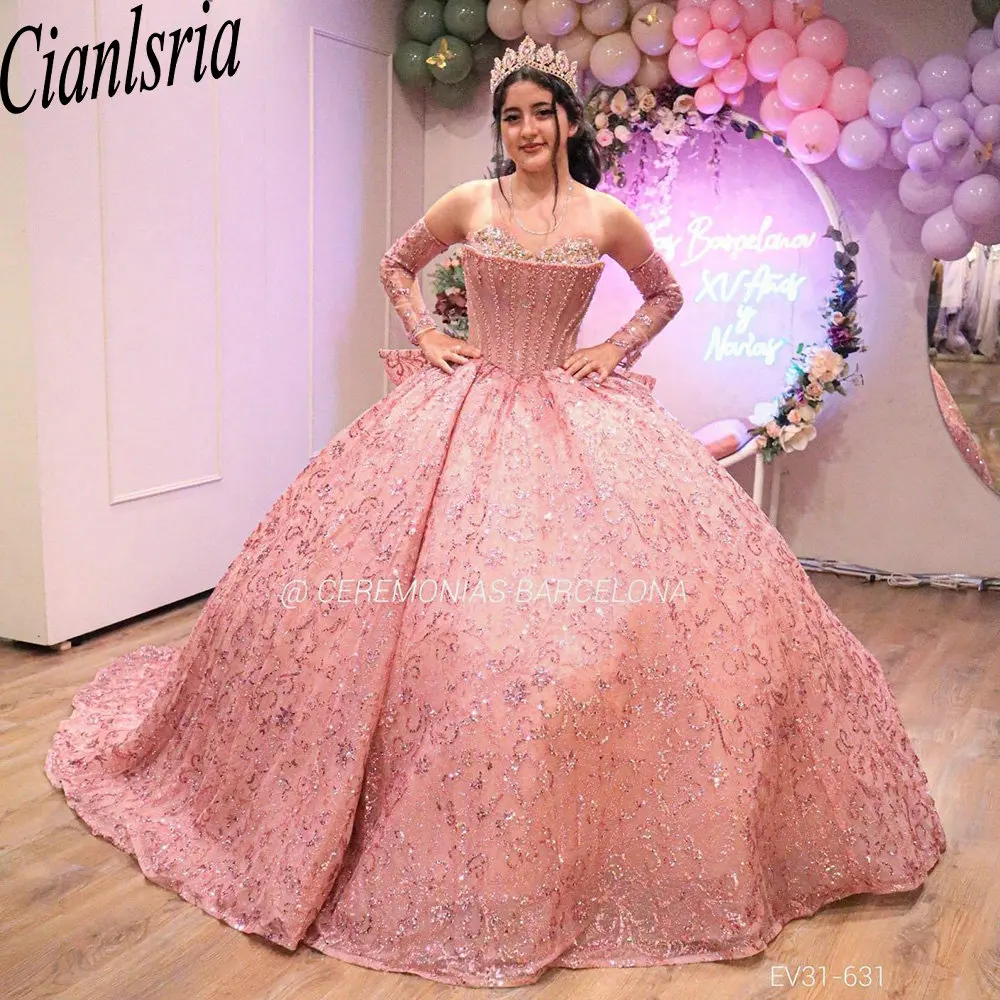 Vestido De baile De quinceañera con lentejuelas De cristal rosa brillante, sin tirantes vestido De quinceañera, perlas, corsé con cuentas, dulce 15 Años