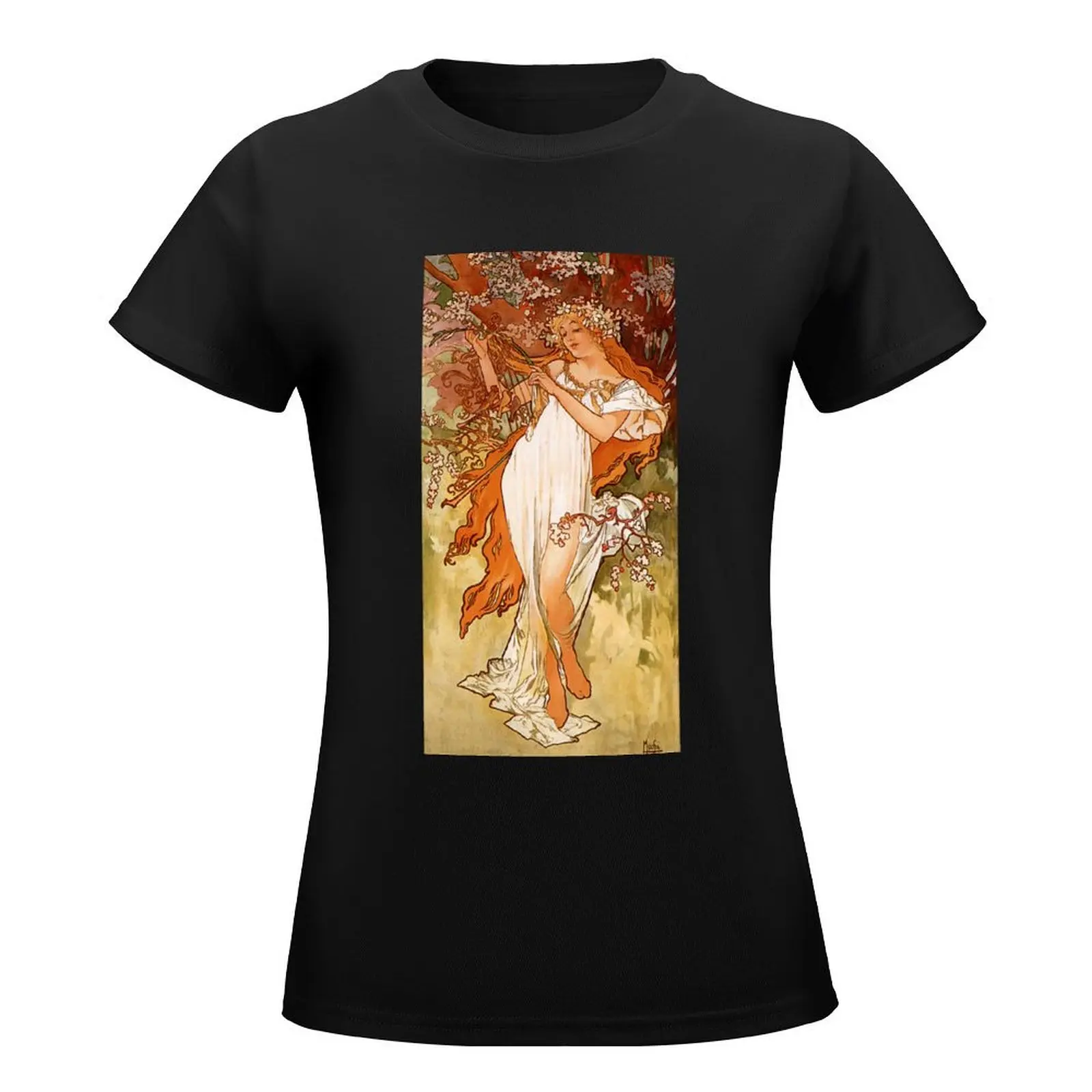 Vintage Alphonse Mucha - Spring 1896 Art Nouveau T-Shirt customs female animal print Short sleeve tee Woman clothing