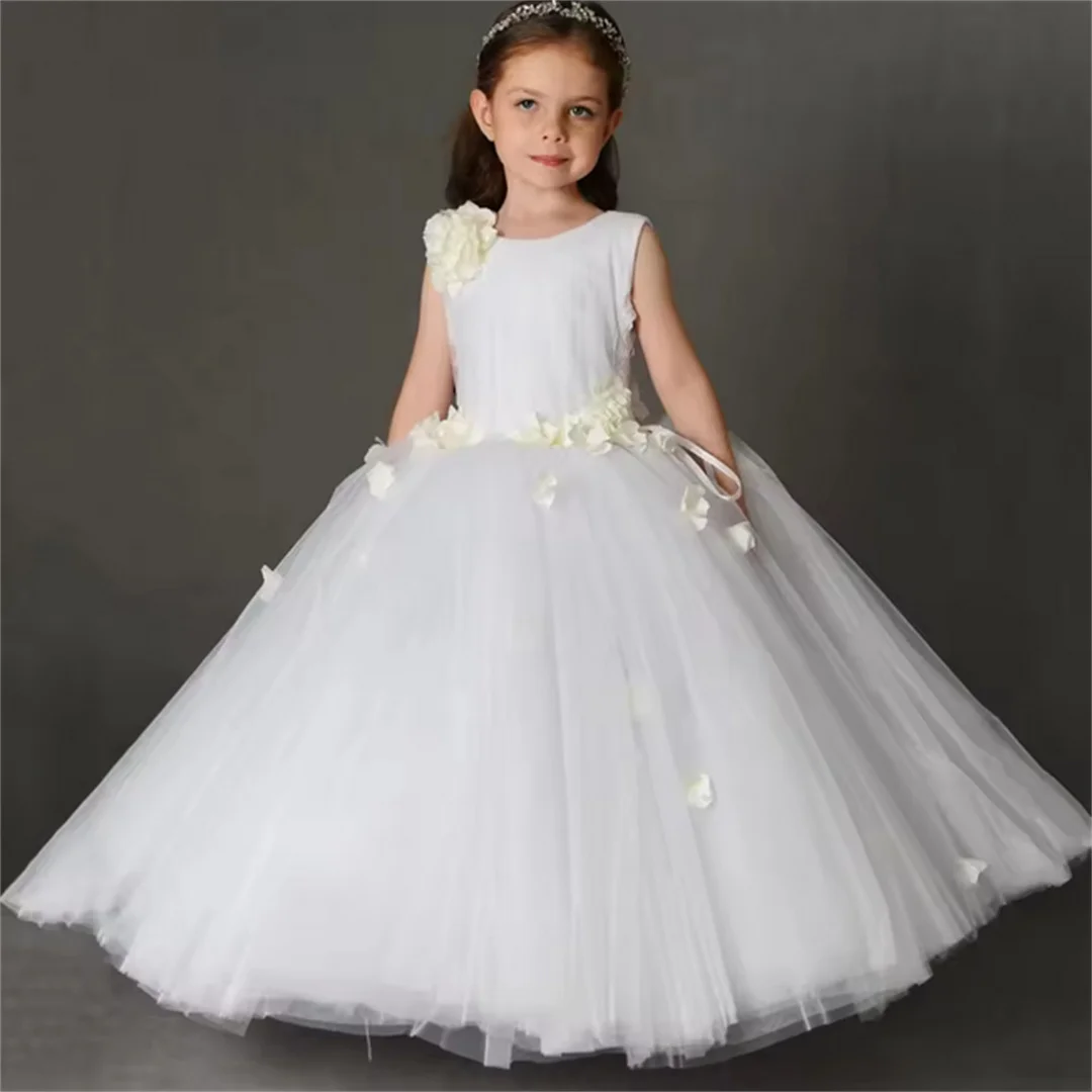 

Customized Flower Girl Dresses Grass Green Tulle Petal And Flowers Sleeveless For Wedding Birthday Banquet Holy Communion Gown