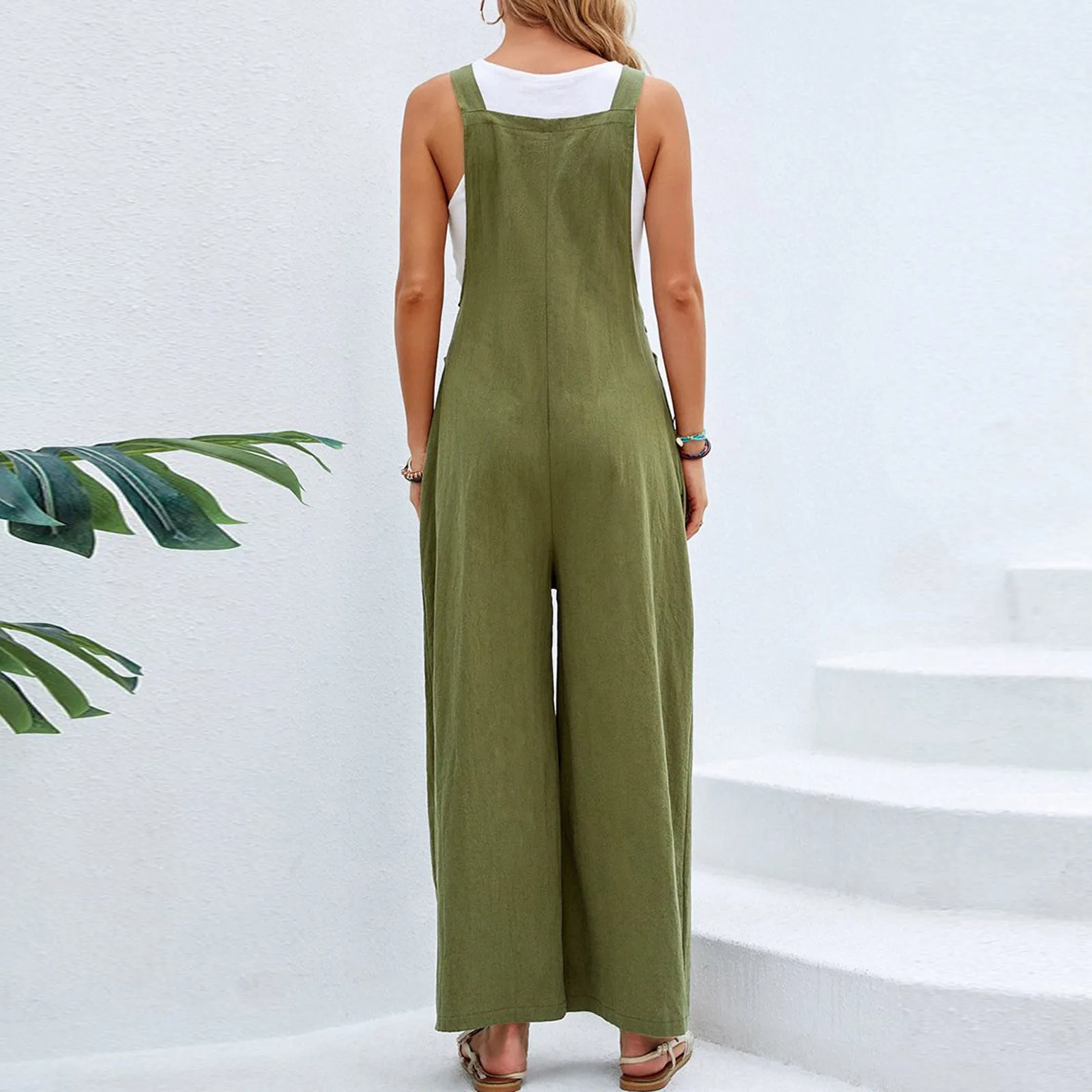 Vintage Cotton Linen Jumpsuit Women 2024 Casual Solid Button Wide Leg Suspender Pants with Pockets Summer Loose Overalls Rompers