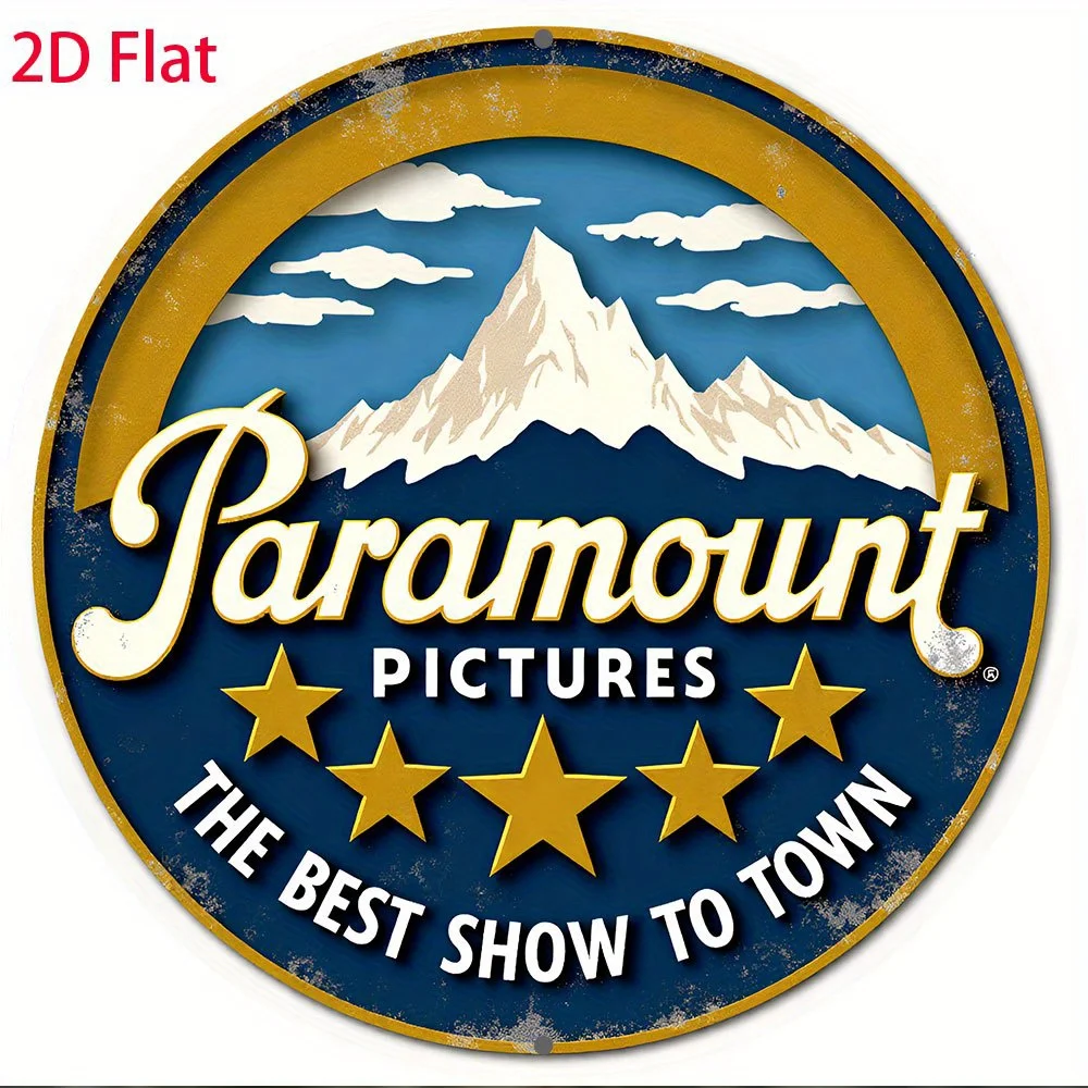 2D مسطح، قطعة واحدة من صور Paramount العتيقة، لافتة ألومنيوم مستديرة - 20.32 سم لوحة فنية جدارية معدنية قديمة مع تصميم الجبال والنجوم، "The B