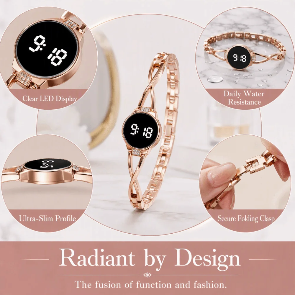 Female Touch Screen LED Watch Metal Bracelet Steel Band Bangle Watch Rhinestone LED Display Wrist Watch Women