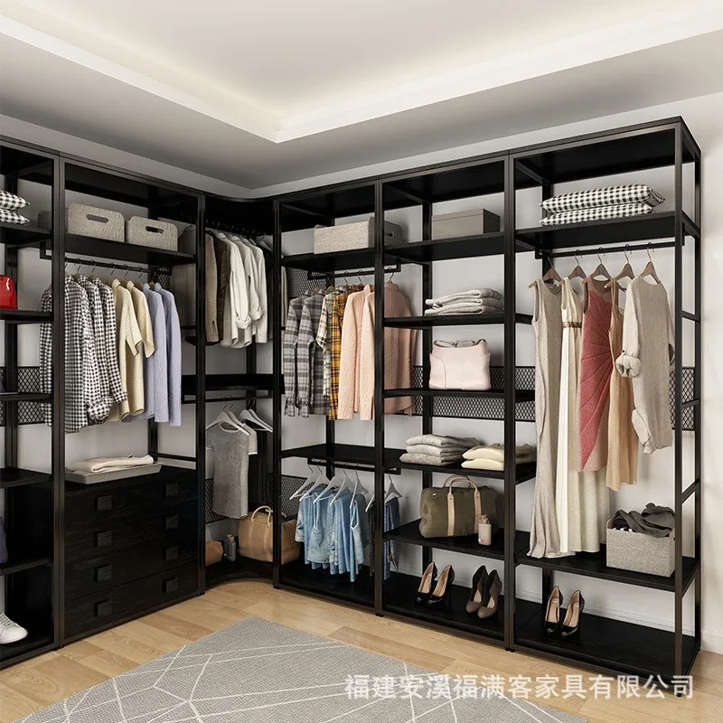 Open metal wardrobe home bedroom floor-to-ceiling wrought iron hangers walk-in cloakroom shelves assembled wardrobe