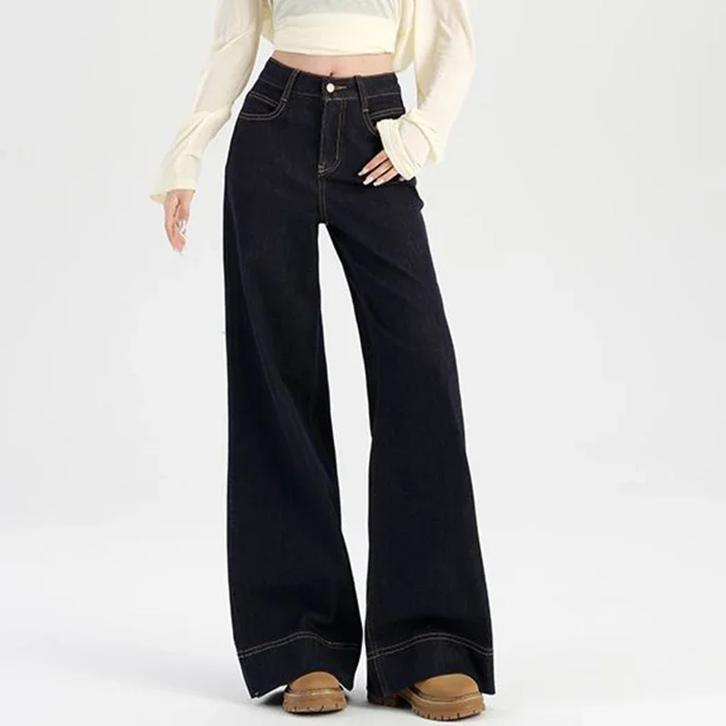 Girls Dark Blue High Waist Loose Jeans Hot Sale Women Retro Fashion Straight Leg Trousers Female Solid Leisure Denim Pants