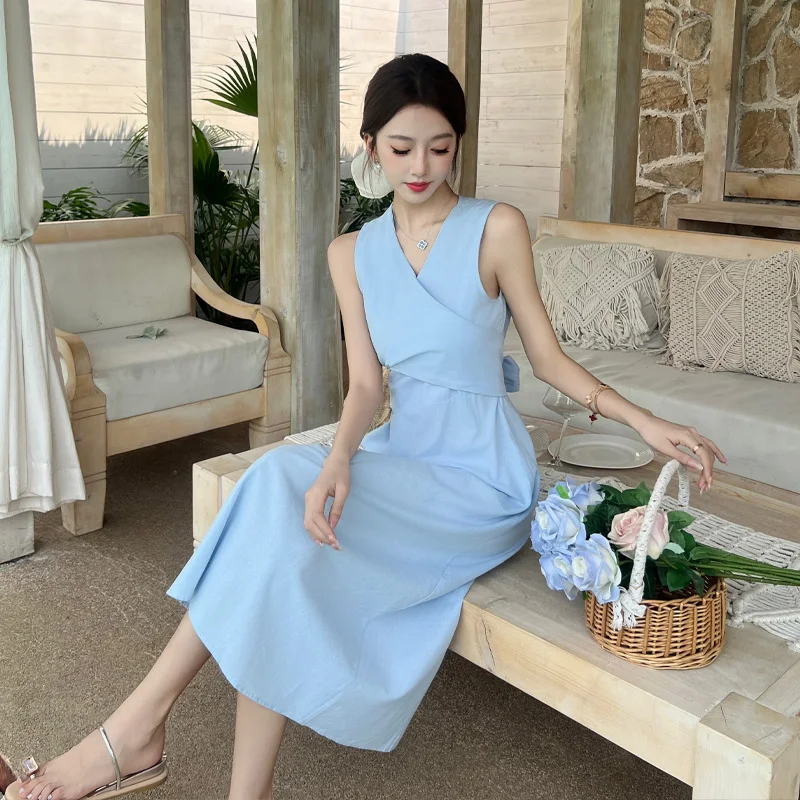한국 패션 우아한 단색 여성용 V넥 크로스 타이 튜닉 고급 드레스 여름 캐주얼 휴가 베스트 롱 드레스