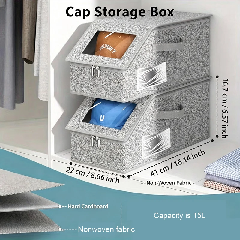 2PCS Premium Baseball Cap Storage Organizer Stackable Foldable Hat Box with Transparent Window, Keeps Caps Clean Shape Protected