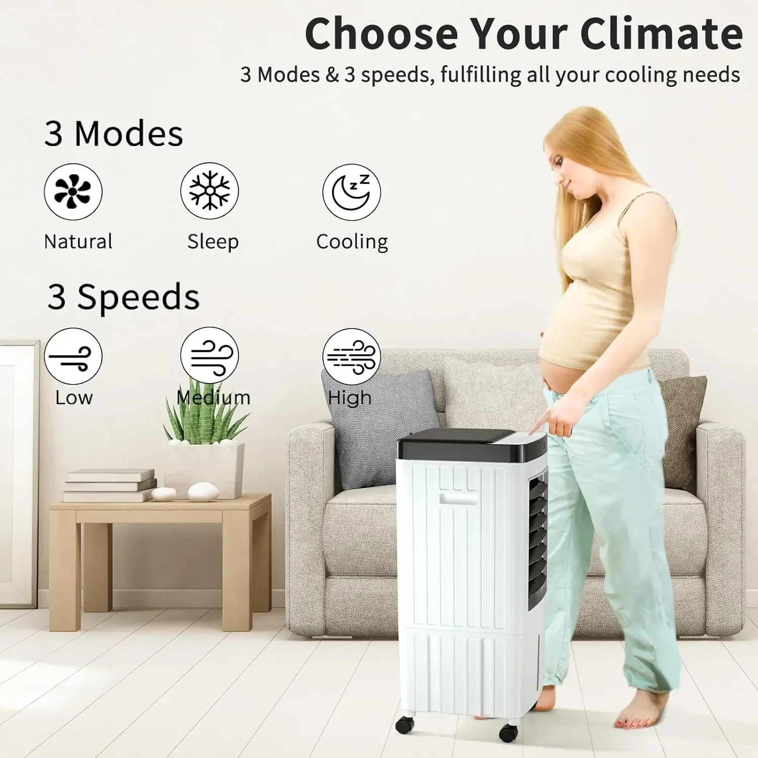 Enfriador de aire evaporativo 3 en 1, ventilador de enfriamiento rápido con control remoto, 3 velocidades y temporizador, Unidad de CA con 2 Gal Ta