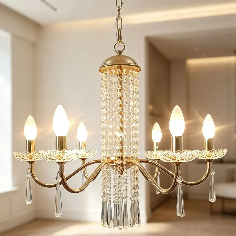 Crystal Pendant Light American Style Iron Art Elegant Living Room Bedroom Dining Room Kitchen Golden Glass Lighting Fixture