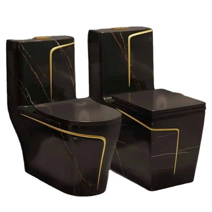 WC monobloc en céramique noir sur mesure avec design en marbre, ligne dorée, pour salle de bain de Chaozhou