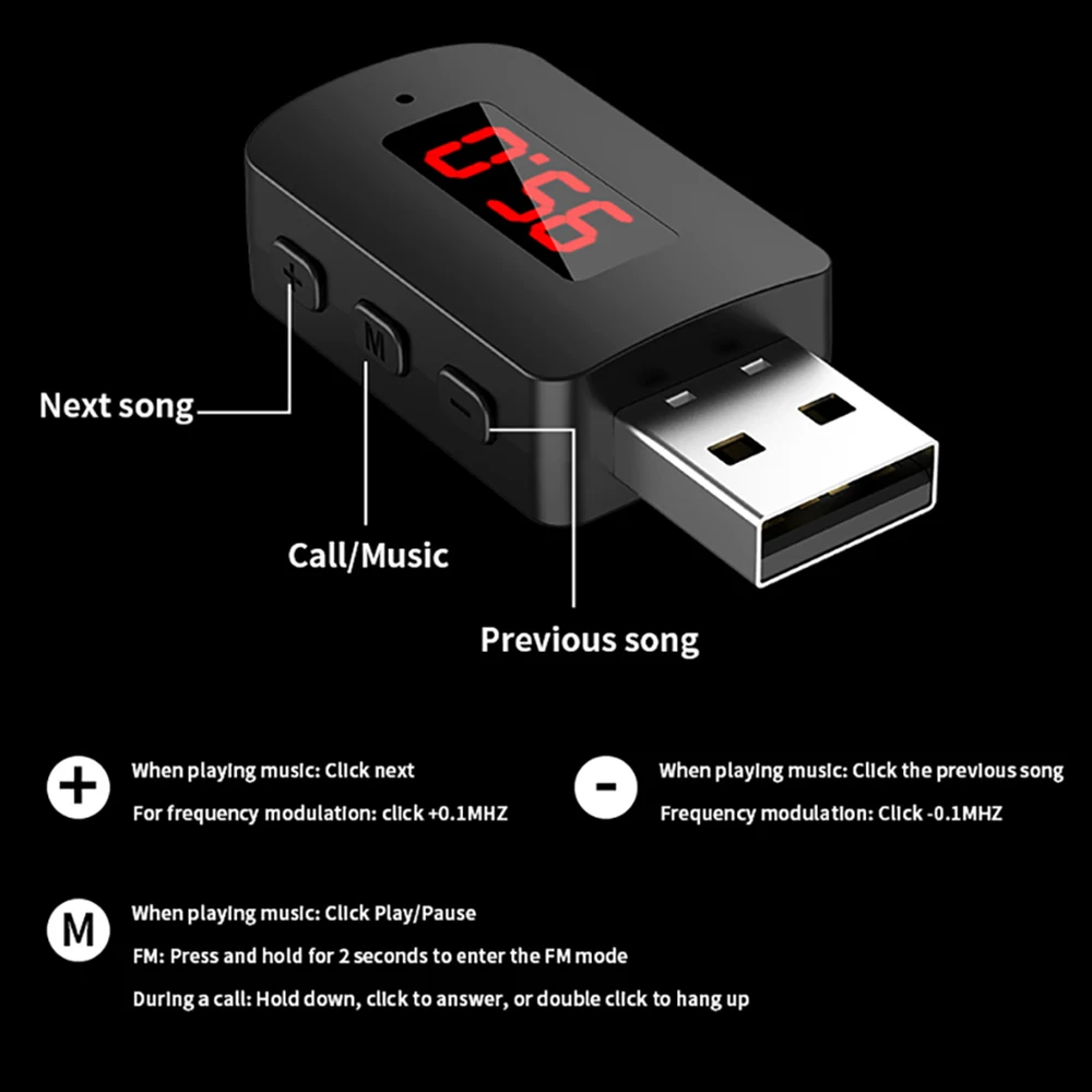 USB Bluetooth 5.3 5.4 Adapter USB Dongle Wireless Music Audio Receiver Transmitter Handsfree Call With Mic LED Display For Car