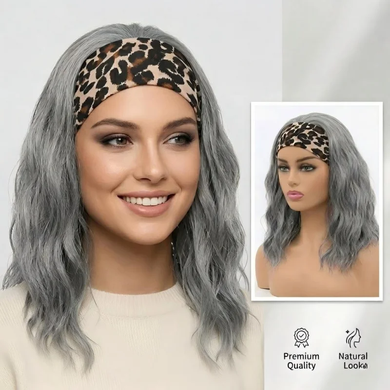 

14 Inch Gray Bob Water Wave Headband Wig Synthetic Heat Resistant Glueless Half Wigs For Women Daily Short Wavy Hair Wig