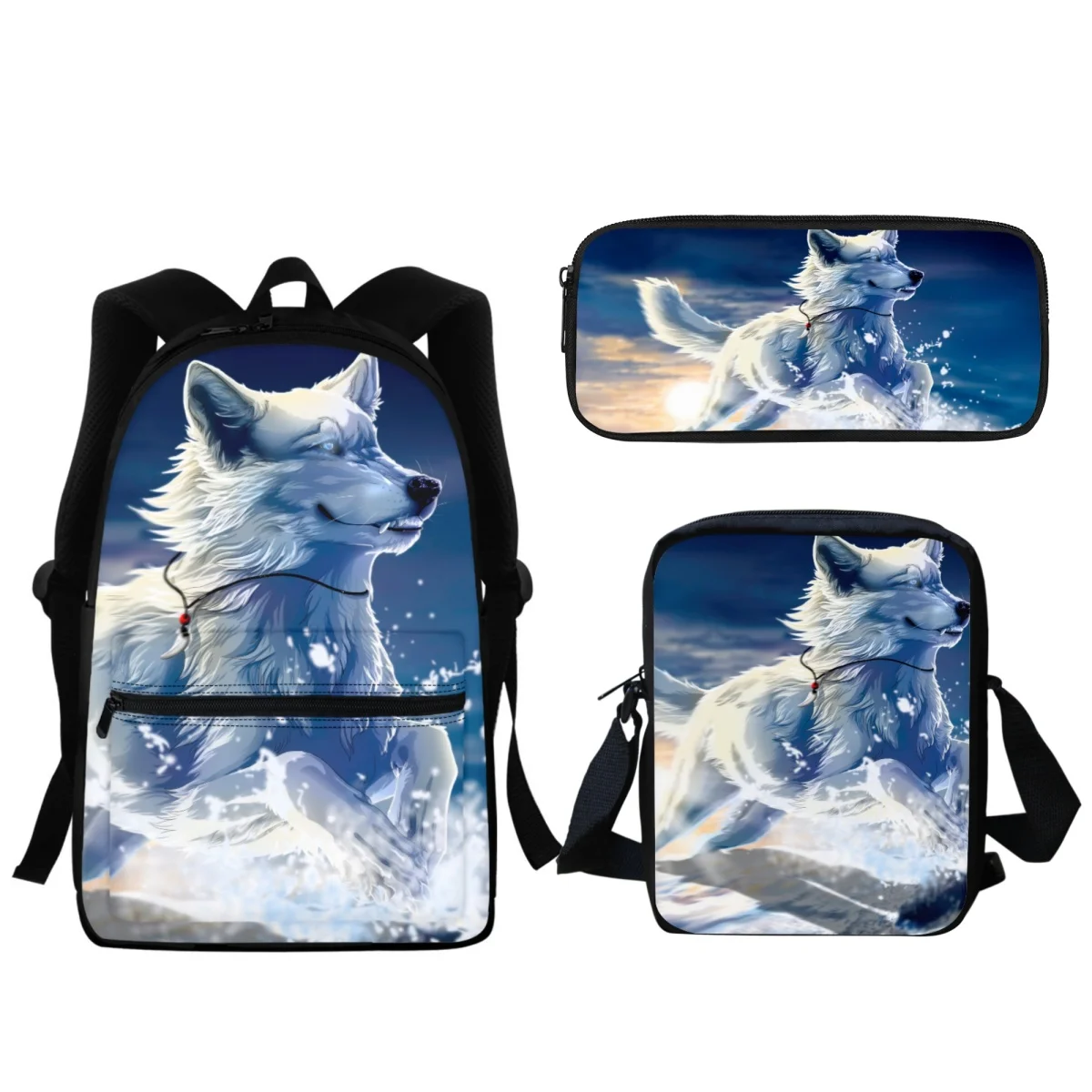 

Cute White Wolf Print Backpack Boys Girls Large Capacity Animal Design School Bags Middle Students Kindergarten Lunch Bag Gift