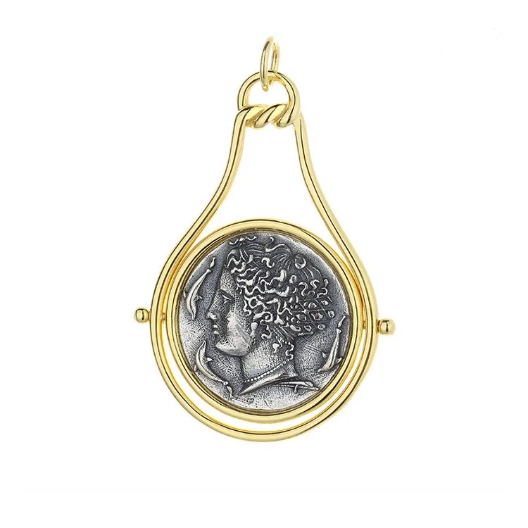 

SZXN-1 ZFSILVER 925 Silver Fashion Luxury Arethusa Retro Gold Ancient Coin Necklace Pendants Without Chain Women Wedding Jewelry