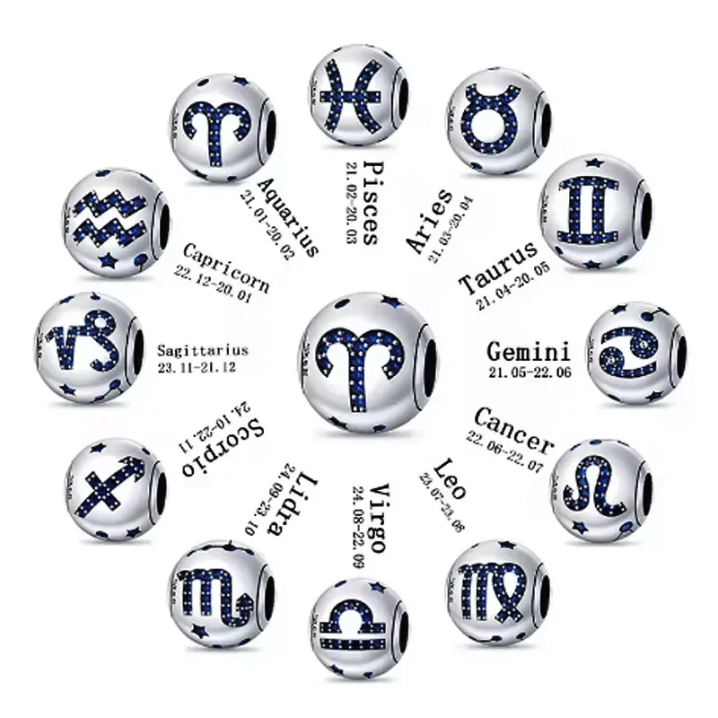 

925 Sterling Silver Twelve Constellations Charms Round Beads DIY Creative Fine Jewelry Gifts Original Bracelets for Women Making