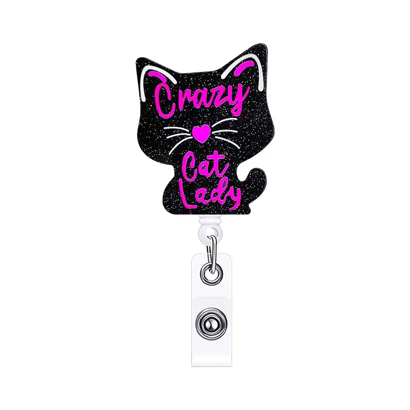 New  Glitter Acrylic Crazy Cat Badge Reel Retractable ID Badge Holder With 360 Rotating Alligator Clip Nurse Name Holder