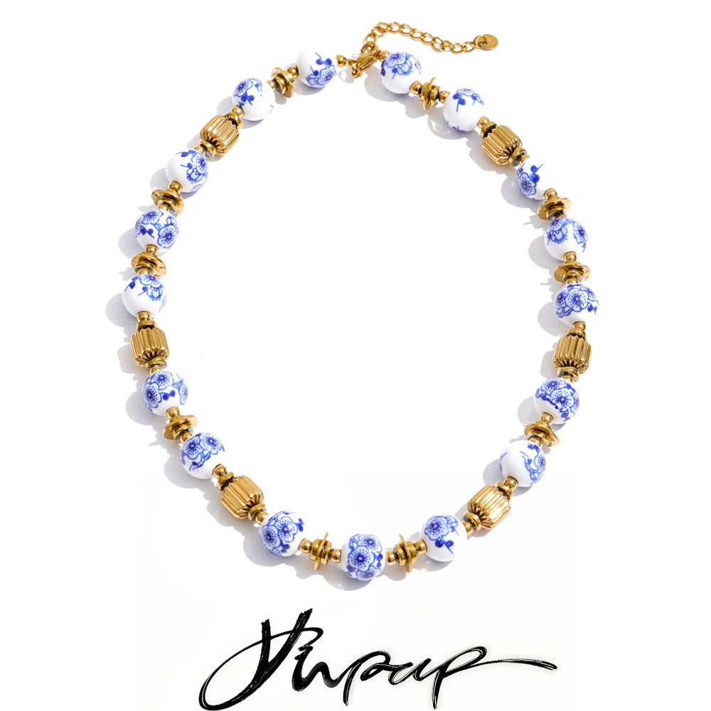 Yhpup New Arrivals Handmade Jewelry Stainless Steel Blue Ceramic Flower Beads Chain Necklace Stylish Collar Accessories Popular