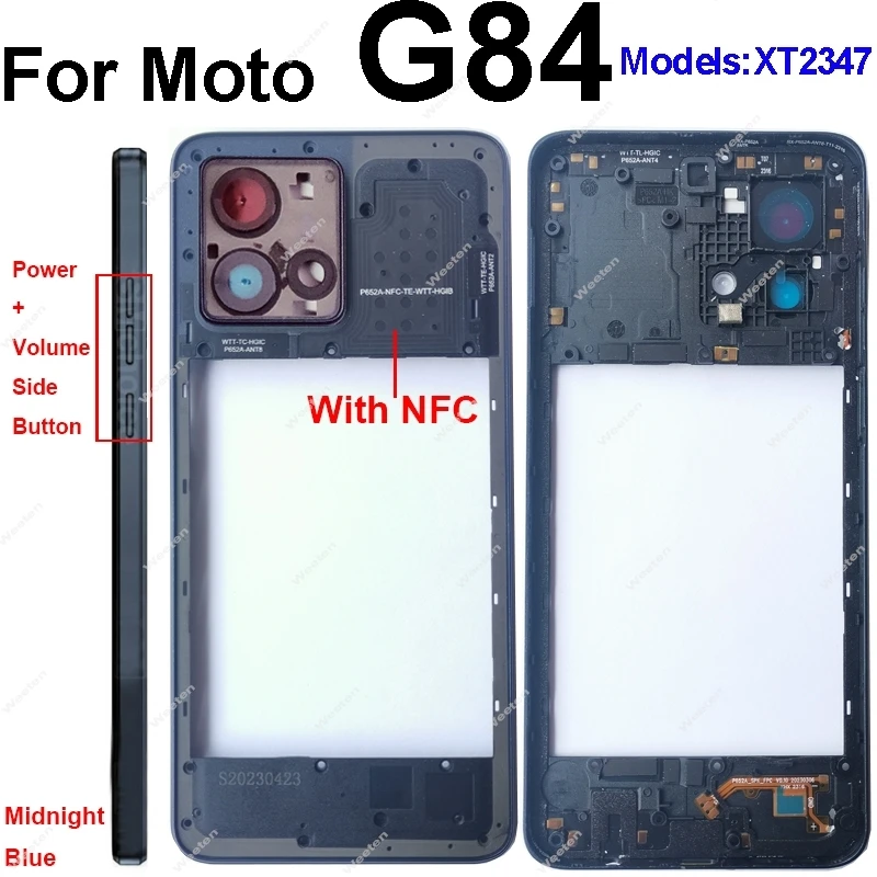 For Motorola Moto G84 XT2347 Middle Frame Middle Housing Frame Without Lens Frame Side Button NFC Cover Bezel Flex Cable Parts