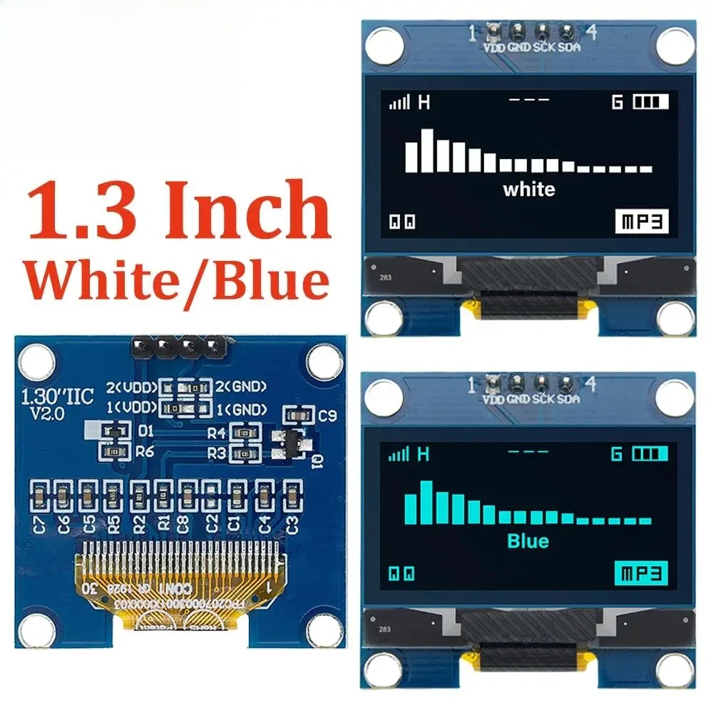 

Модуль OLED-дисплея I2C 1.3 дюйма, бело-синий, с чипом SH1106, 128x64, 1.3-дюймовый ЖК-дисплей, светодиодный, с интерфейсом IIC, синяя плата