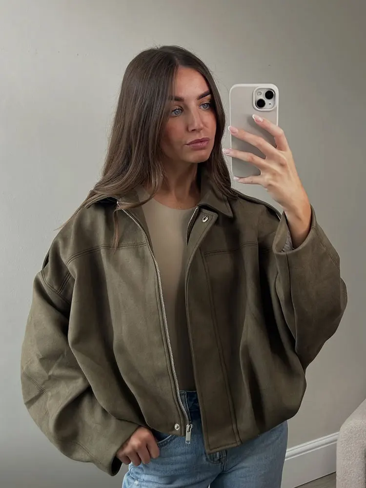 HH الخريف المرأة فضفاضة عادية كبيرة الحجم سترة خمر الصلبة سحاب أكمام طويلة معطف من جلد الغزال موضة جديدة الإناث Y2K الشارع الشهير