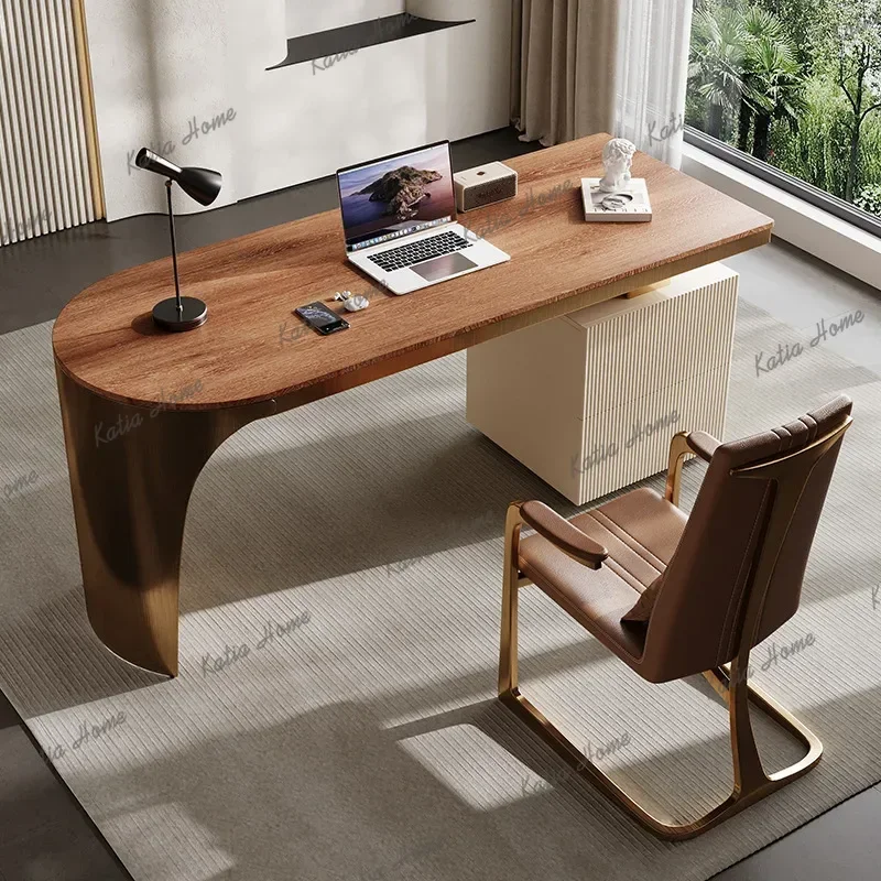 Nordic Luxury Wooden Office Desk Modern Minimalist Design Study Computer Desk High-end Stainless Steel Commercial Furniture FYOD