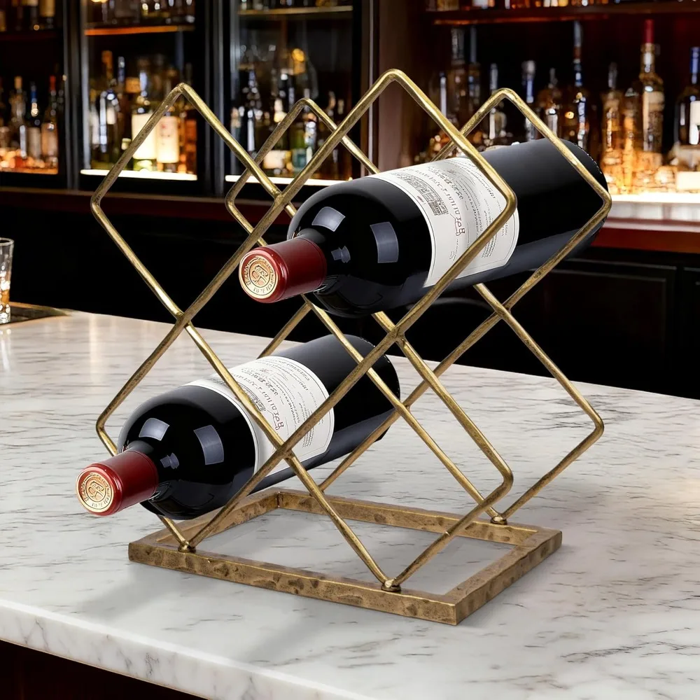 

Hand Forged Metal Wine Rack Countertop Holder with Hammered Texture for Cabinet Pantry Bar Tabletop Storage Stand