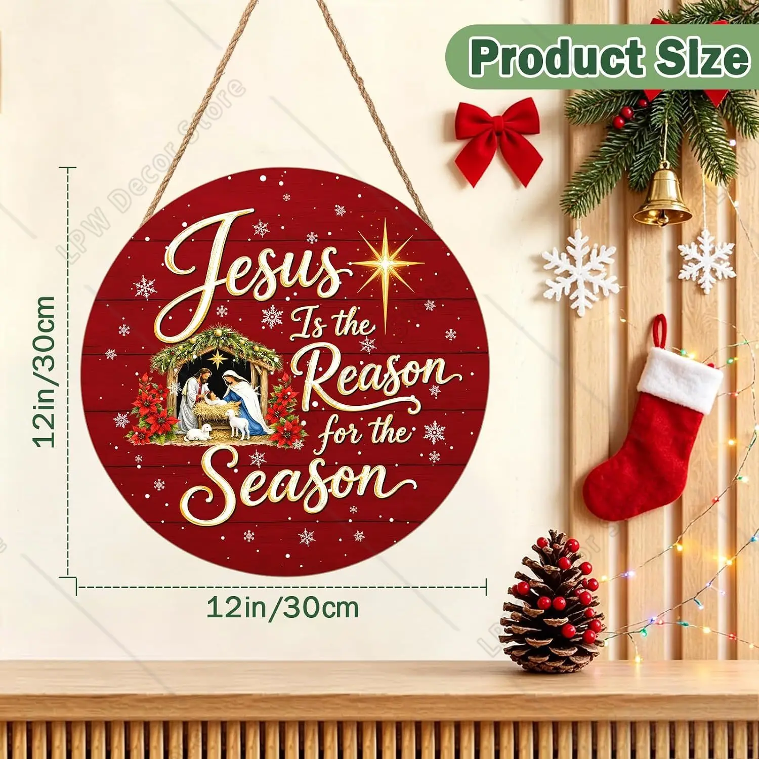 Jesus Christmas Round Wood Sign Jesus Is The Reason For The Season Front Door Hanging Decor, Farmhouse Style Holiday