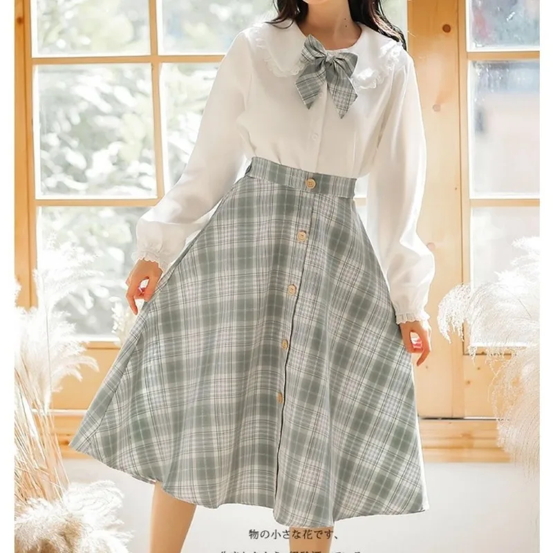 2025 New Spring Autumn Preppy Style Doll Collar Versatile Shirt+Vintage Plaid Skirt Two Piece Set Casual French Tea Break Skirts