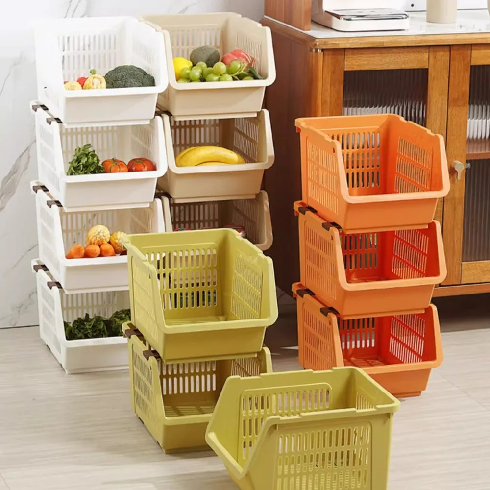 Kitchen Storage Basket With Pulley Household Bathroom Toy Storage Rack Multi-layer Vegetable And Fruit Shelves Stackable Basket