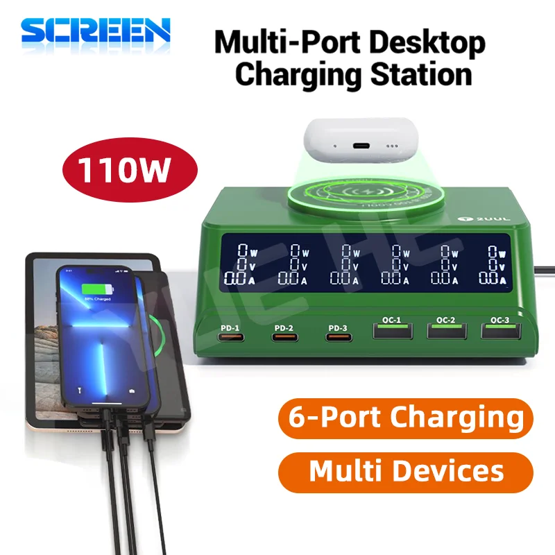 2UUL PC11 شاحن لاسلكي مغناطيسي سطح المكتب متعدد المنافذ محول 110 واط دعم IP17 سلسلة شحن سريع أدوات إصلاح متعددة الأجهزة #1