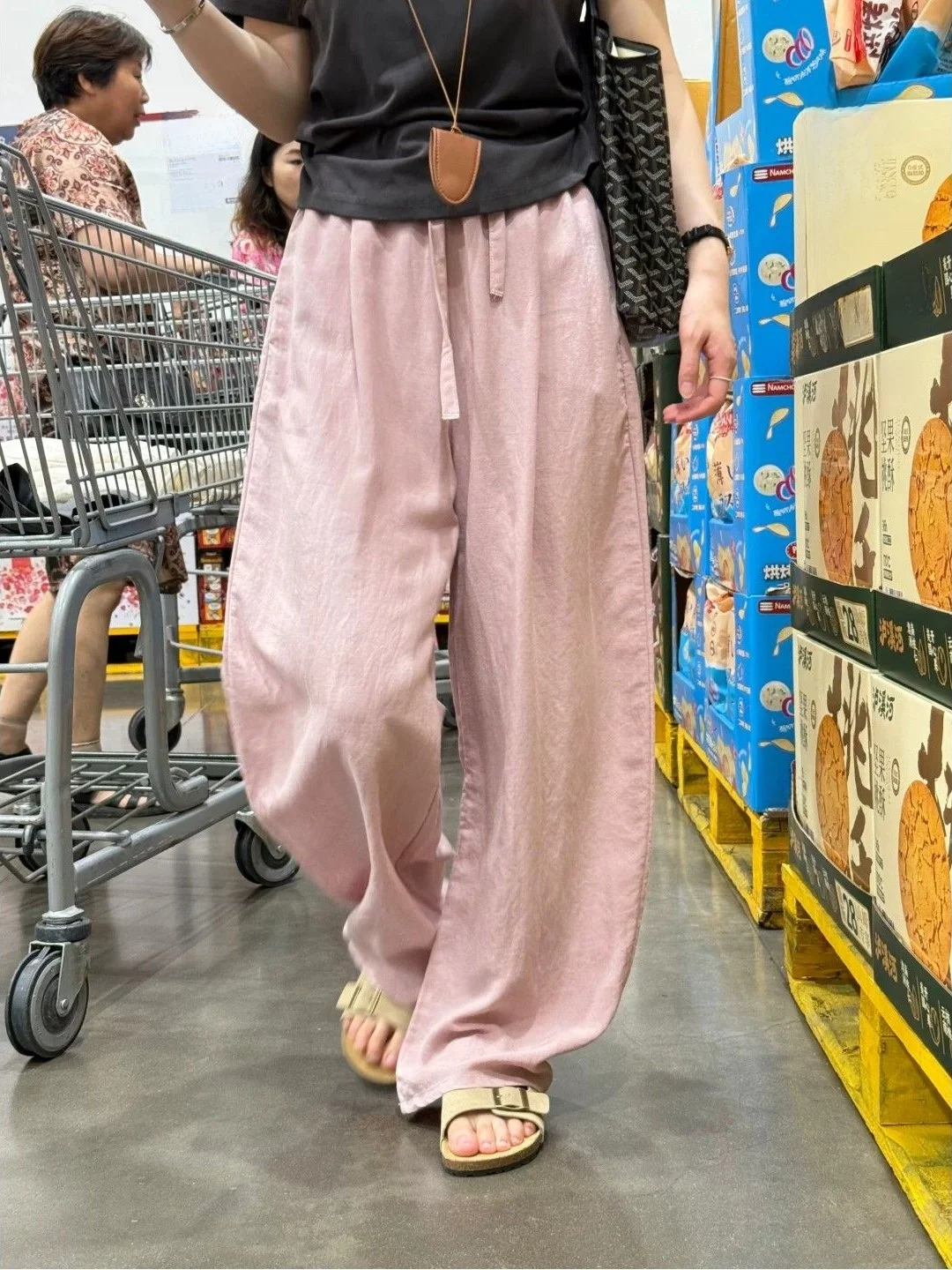 

Pink Thin Silk Cotton Linen Wide Leg Pants Women Summer Loose Loose Slimming Casual Pants High Waist Straight Leg Pure Color