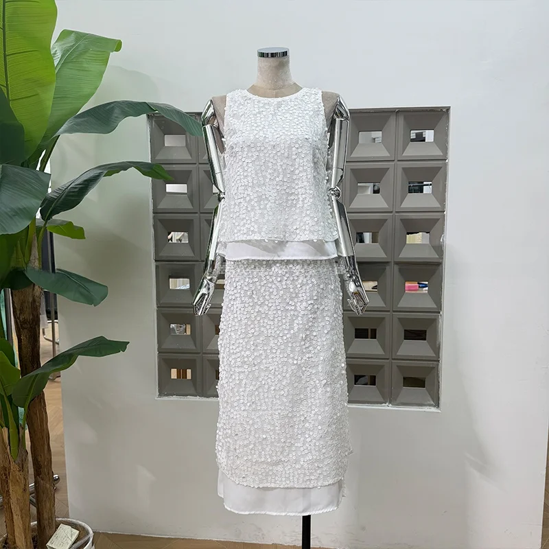 

Летний модный комплект из двух предметов: уникальная юбка-миди с бисером в британском стиле, двойной слой, длина до колена, и свободный жилет для женщин